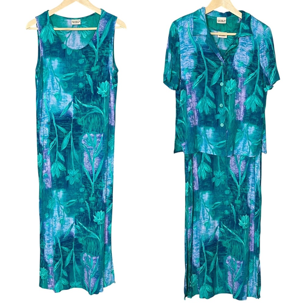 Two Piece Dress Blouse Floral Crinkle Fabric Sleeveless Shift Summer Casual